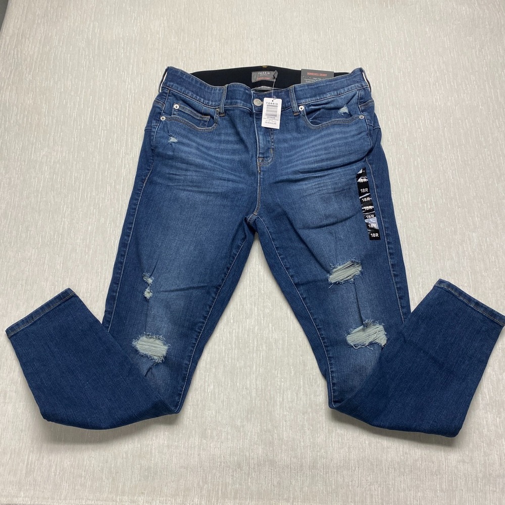 Torrid Bombshell Skinny Jeans High Rise Distressed 18 Blue Denim Premium Stretch